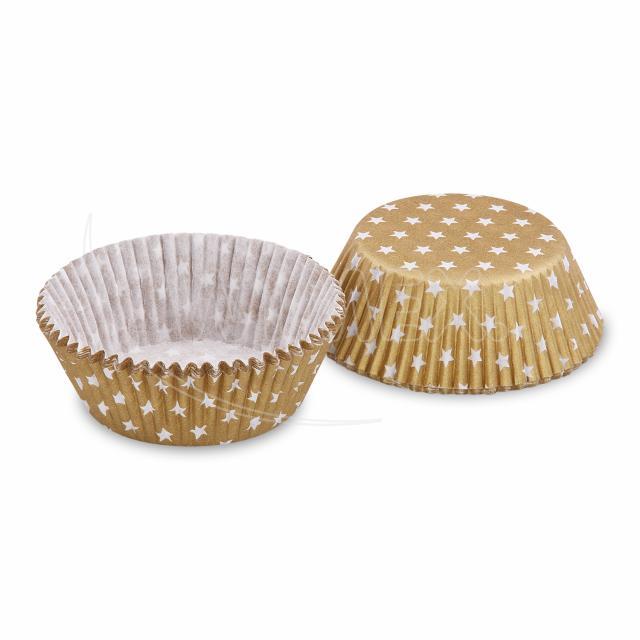 Cukr. košíček zlatý s bílými hvězdičkami Ø 50x30mm [40ks]