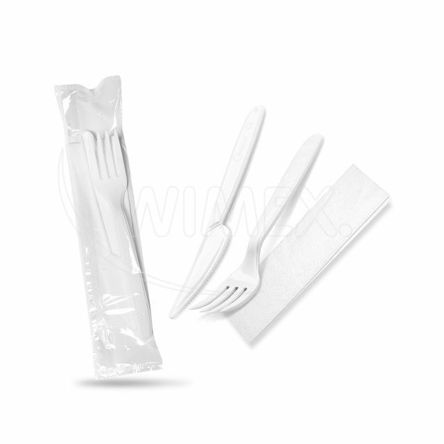 Příborová sada (PP) opakovaně použitelná nůž-vidlička+ubrousek bílá [250 sad]