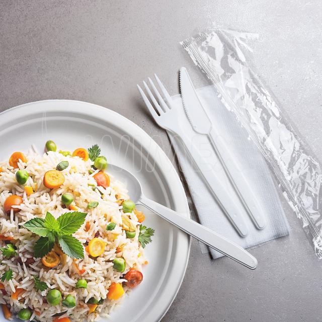 Příborová sada (PP) opakovaně použitelná nůž-vidlička-lžíce+ubrousek bílá [250 sad]