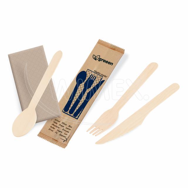 Příborová sada (dřevo FSC 100%) nůž-vidlička-lžíce+ubrousek [50 sad]