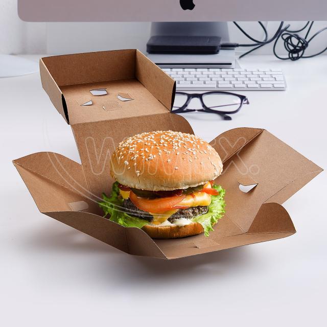 Burger box (PAP - FSC Mix) rozkládací nepromastitelný kraft 120 x 120 x 100 mm [100 ks]
