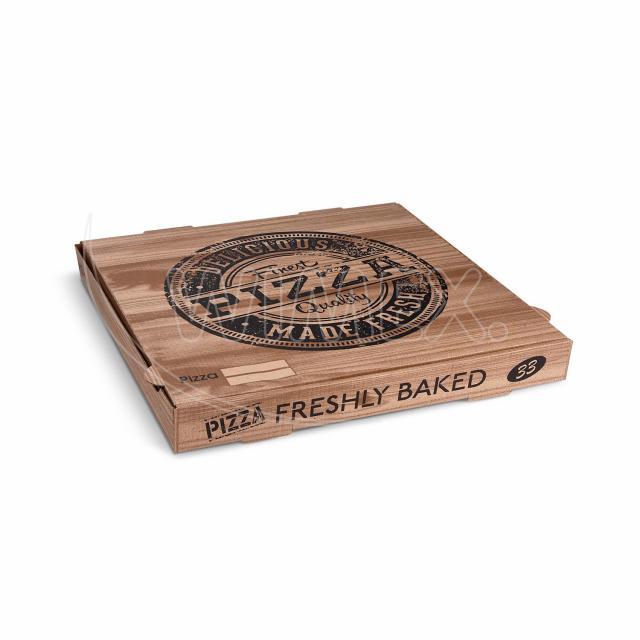Krabice na pizzu (mikrovlnitá lepenka) H4 kraft s potiskem 33 x 33 x 4 cm [100 ks]