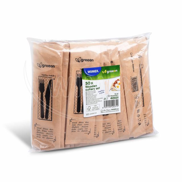 Příborová sada (dřevo FSC 100%) nůž-vidlička+ubrousek [50 sad]