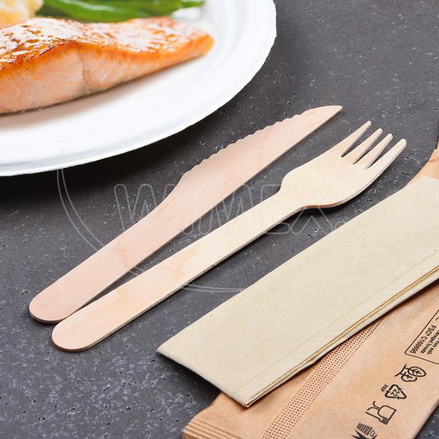 Příborová sada (dřevo FSC 100%) nůž-vidlička+ubrousek [50 sad]