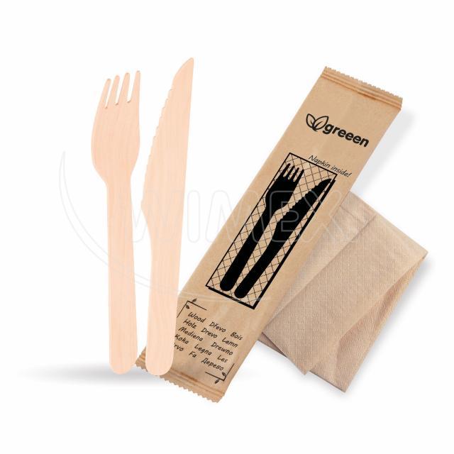 Příborová sada (dřevo FSC 100%) nůž-vidlička+ubrousek [50 sad]