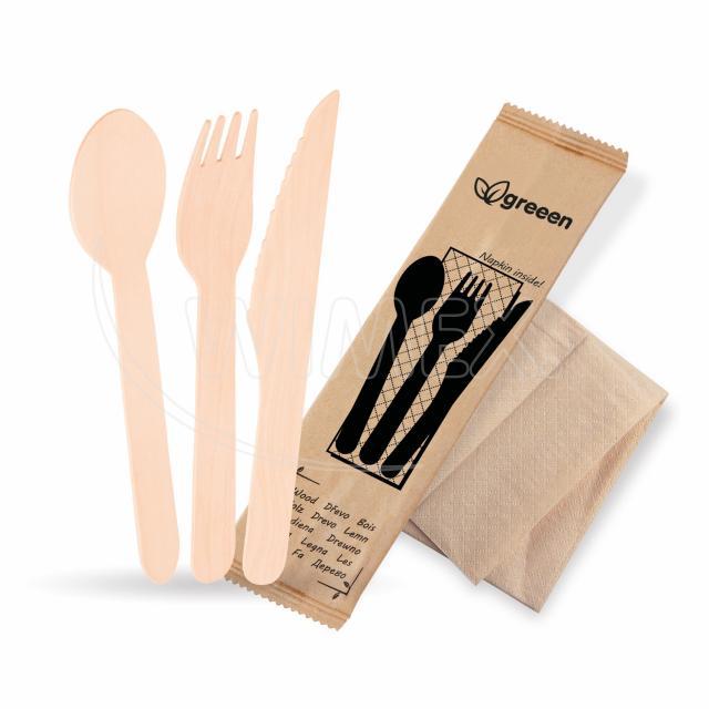 Příborová sada (dřevo FSC 100%) nůž-vidlička-lžíce+ubrousek [50 sad]