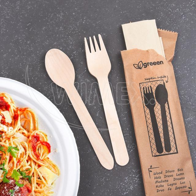 Příborová sada (dřevo FSC 100%) vidlička-lžíce+ubrousek [50 sad]