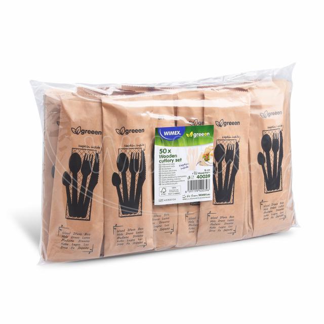 Příborová sada (dřevo FSC 100%) nůž-vidlička-lžíce-lžička+ubrousek [50 sad]