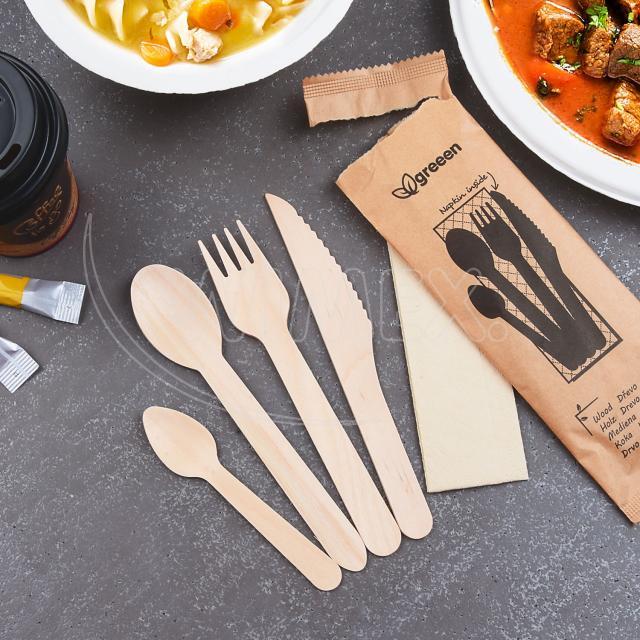 Příborová sada (dřevo FSC 100%) nůž-vidlička-lžíce-lžička+ubrousek [50 sad]